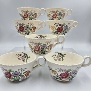 7 Vtg 1940s Spode Copeland England Romney Floral Teacups Grandmacore Country